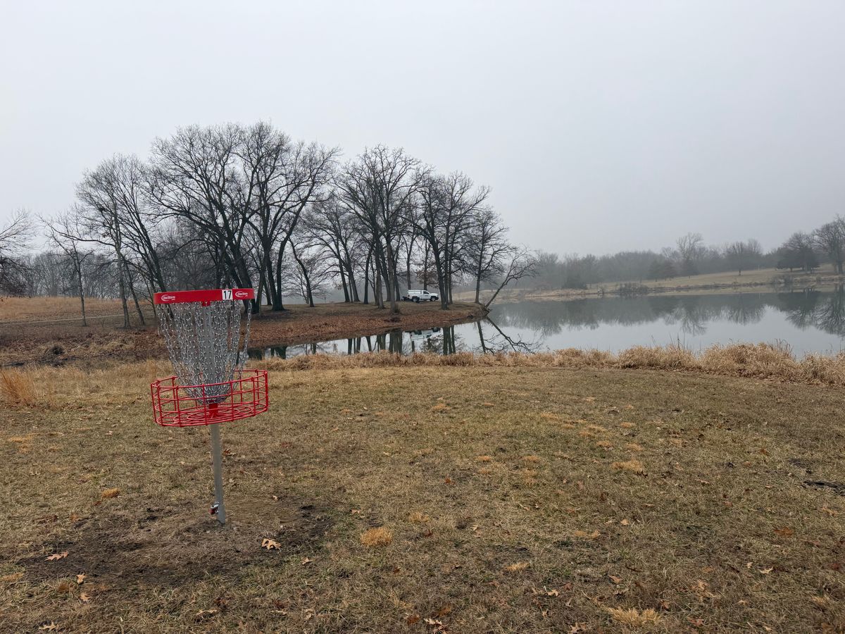 Hole 17s basket looking at the parking for hole one.