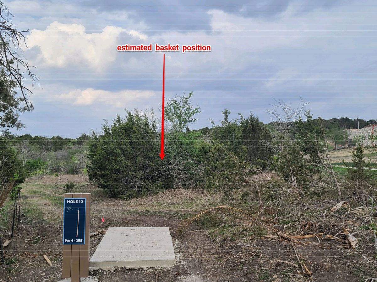 Tee box with approximate position of basket. 