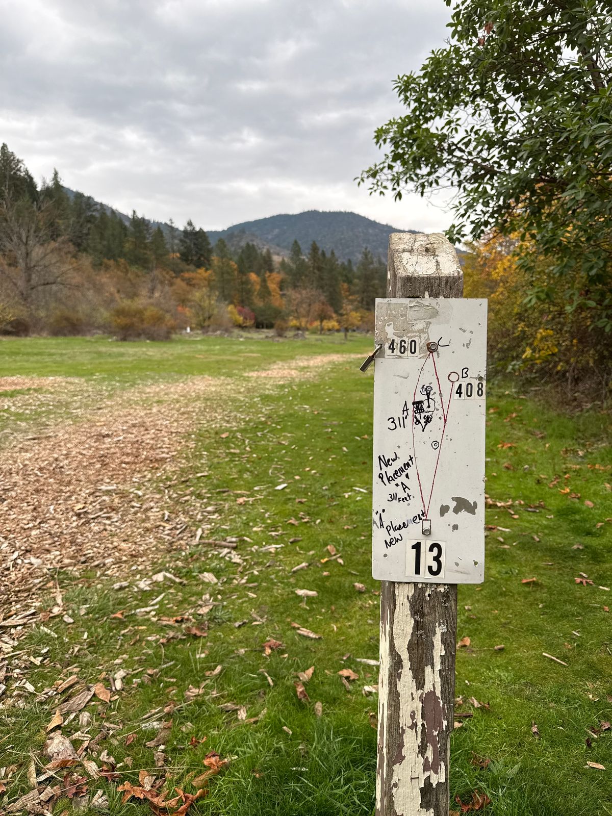 Hole 13 new basket location, sharpy marked on tee sign. Basket located behind the V tree 311’ from T