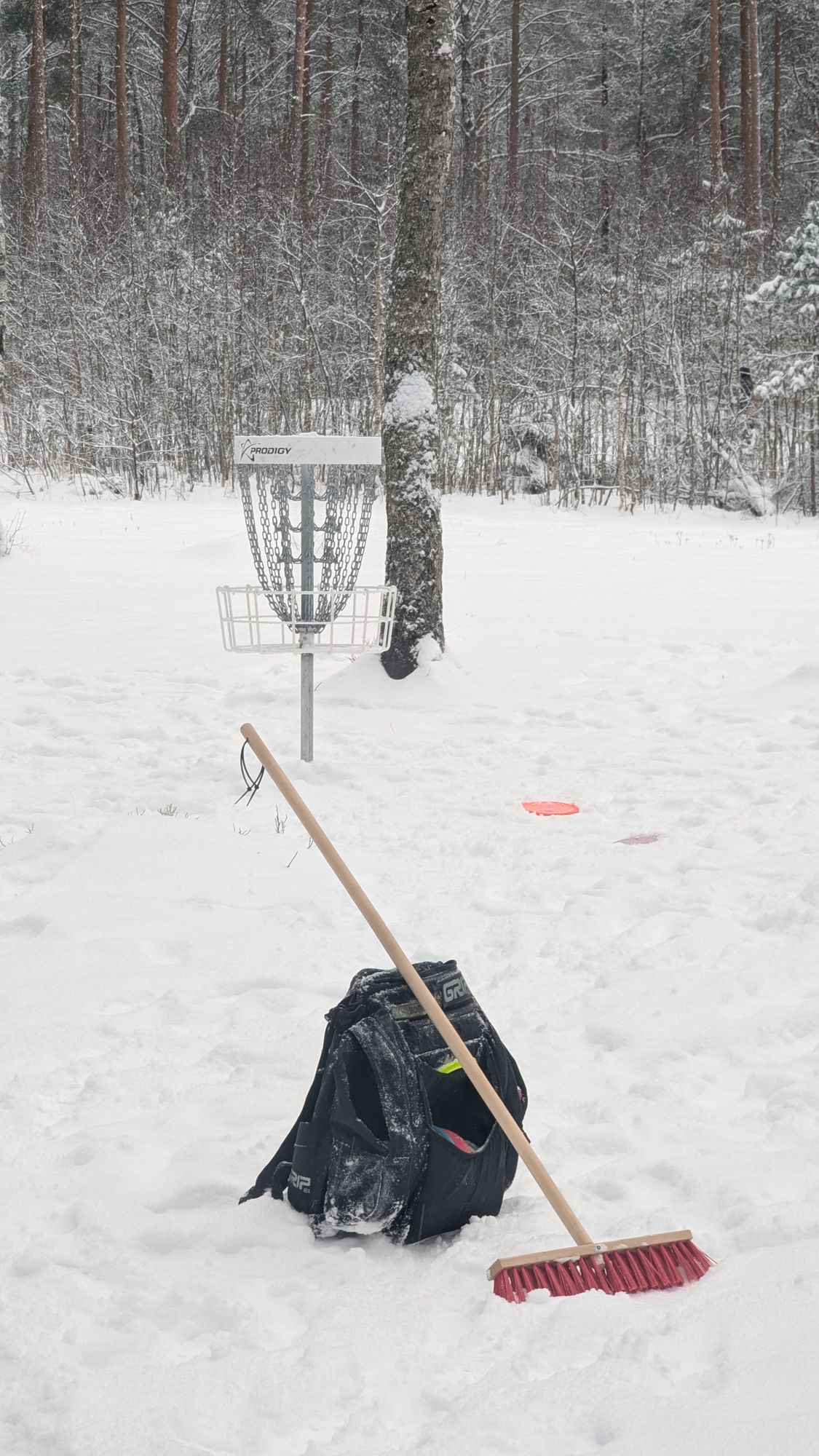 Hole 18's basket & a local broom.