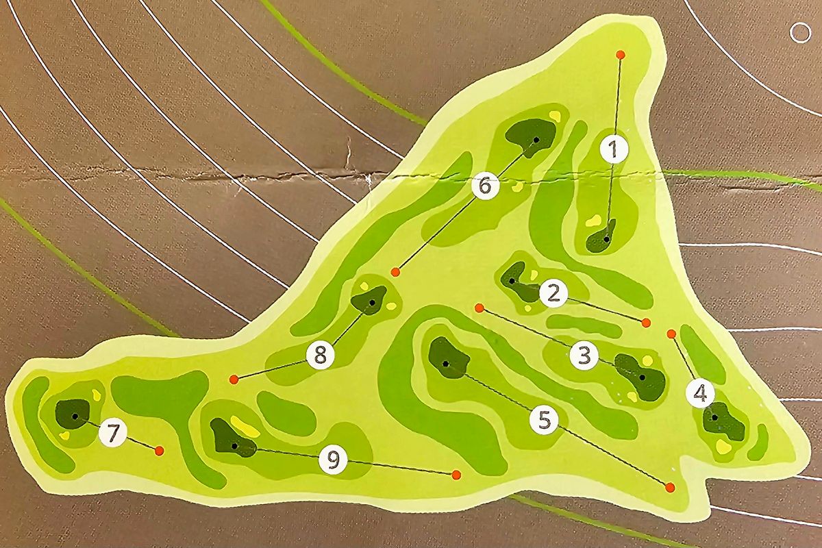The layout is shared with short hole ball golf and football golf. Some undulations. Open, basically no trees are in play. Holes a bit longer than average 9 hole courses. Tough rough forces decision on some holes.