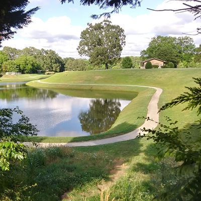Spectacular view with a challenging downhill throw. The basket is across the water on close to a 45 degree angle slope.