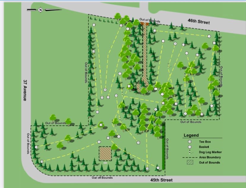 Course map provided by Ponoka. https://www.ponoka.ca/p/disc-golf-course