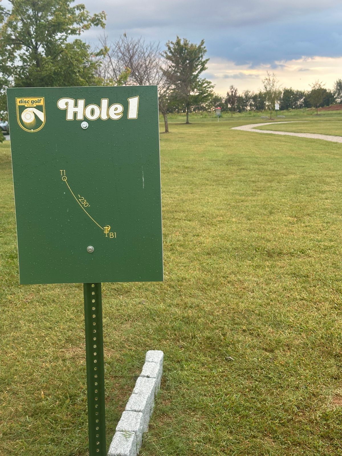 Hole 1 tee sign with basket in background.