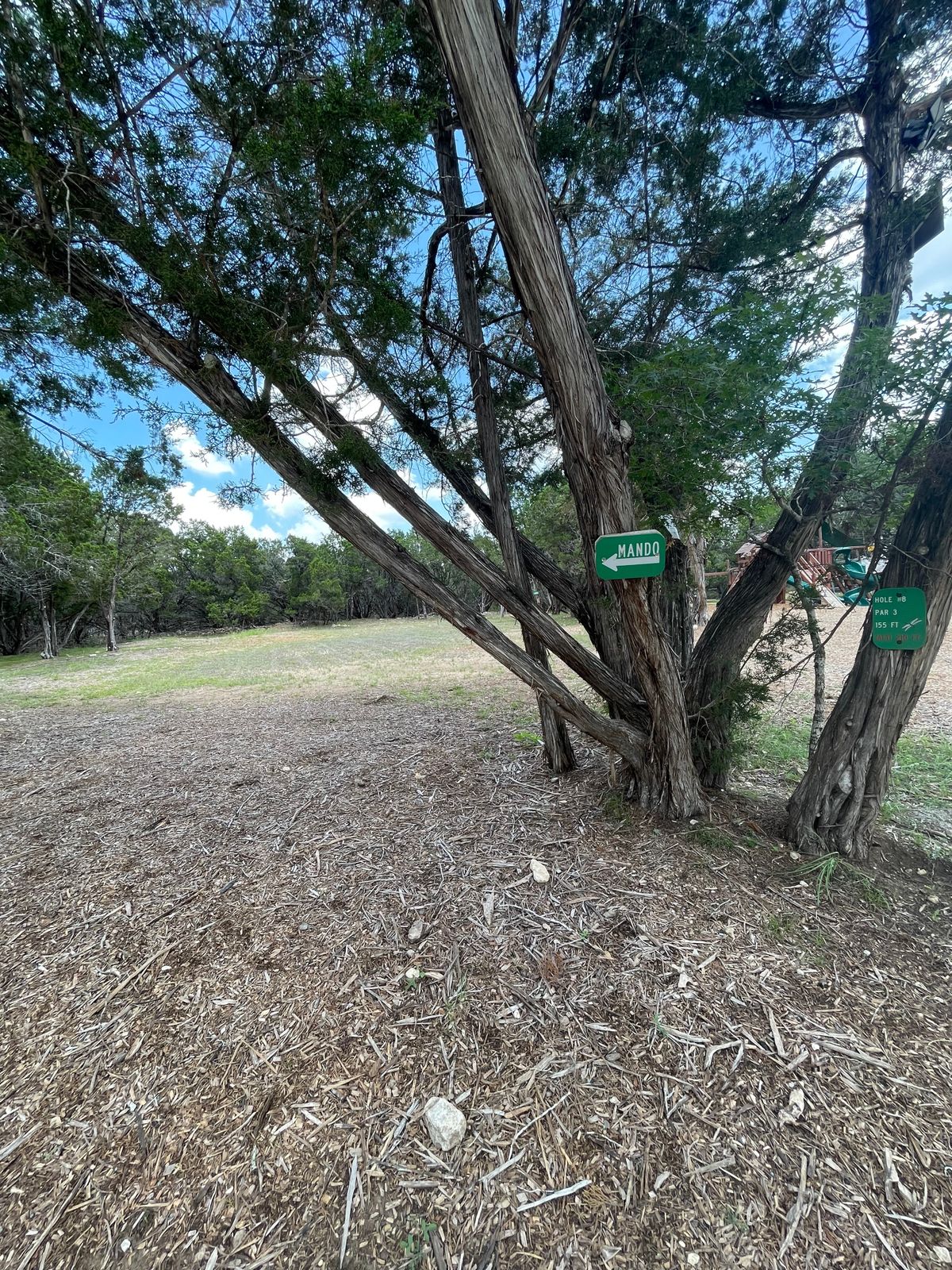Mando (Go left of Tree) and hole 8 sign