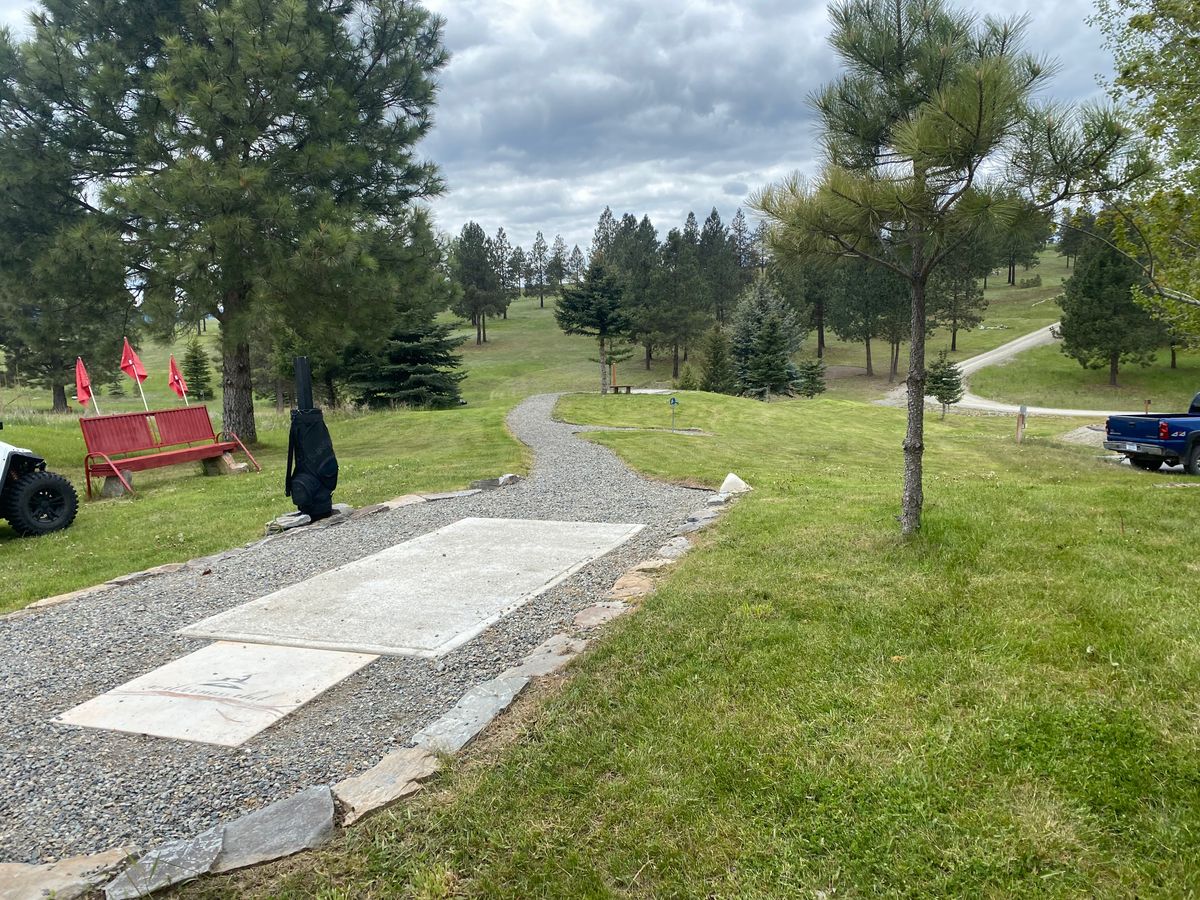 Hole 1 black (long) tee pad, custom bench and gravel path to short (gold) tee