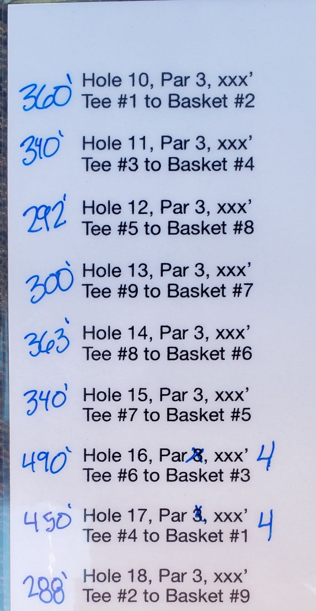 Cheat sheet for safari back 9 by Remy. Lengths by range finder as best we could.