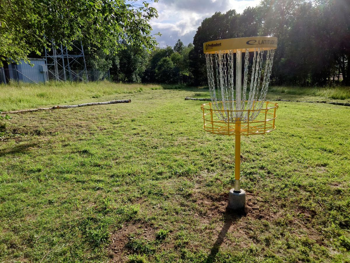 Basket at hole 7 with a birch wall to indicate the island zone.