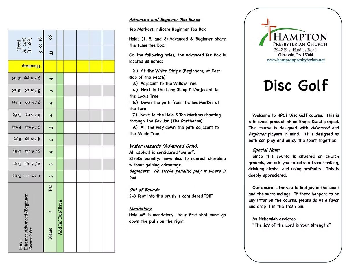 Score card with special tee instructions