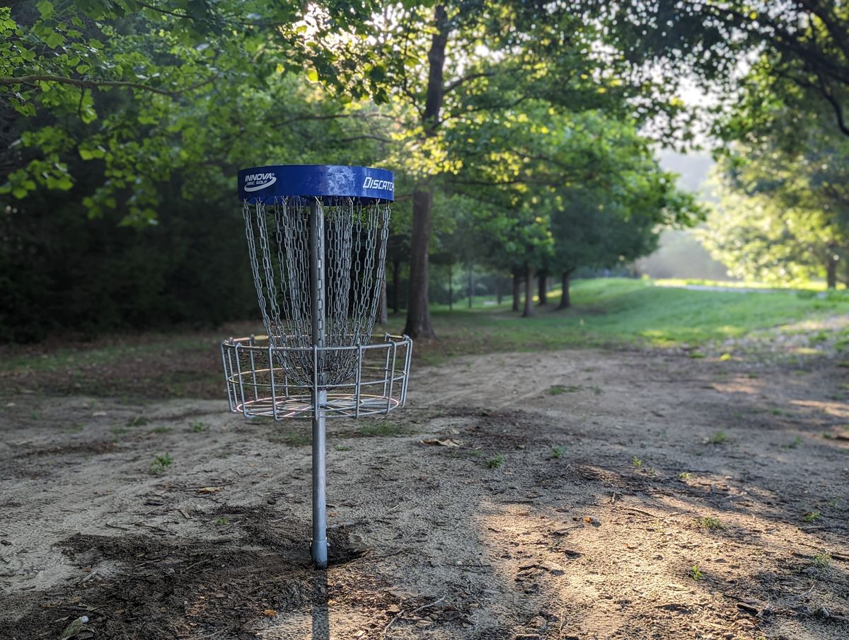 Hole 13 basket, long position, looking back towards the tee pad.
