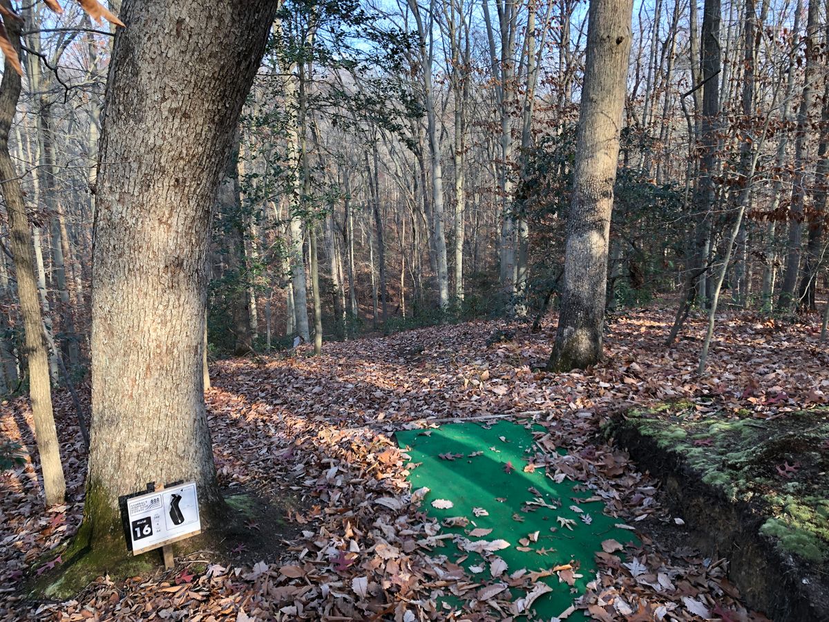 Hole 16 tee (downhill and dogleg right; OB creek long and to the left)