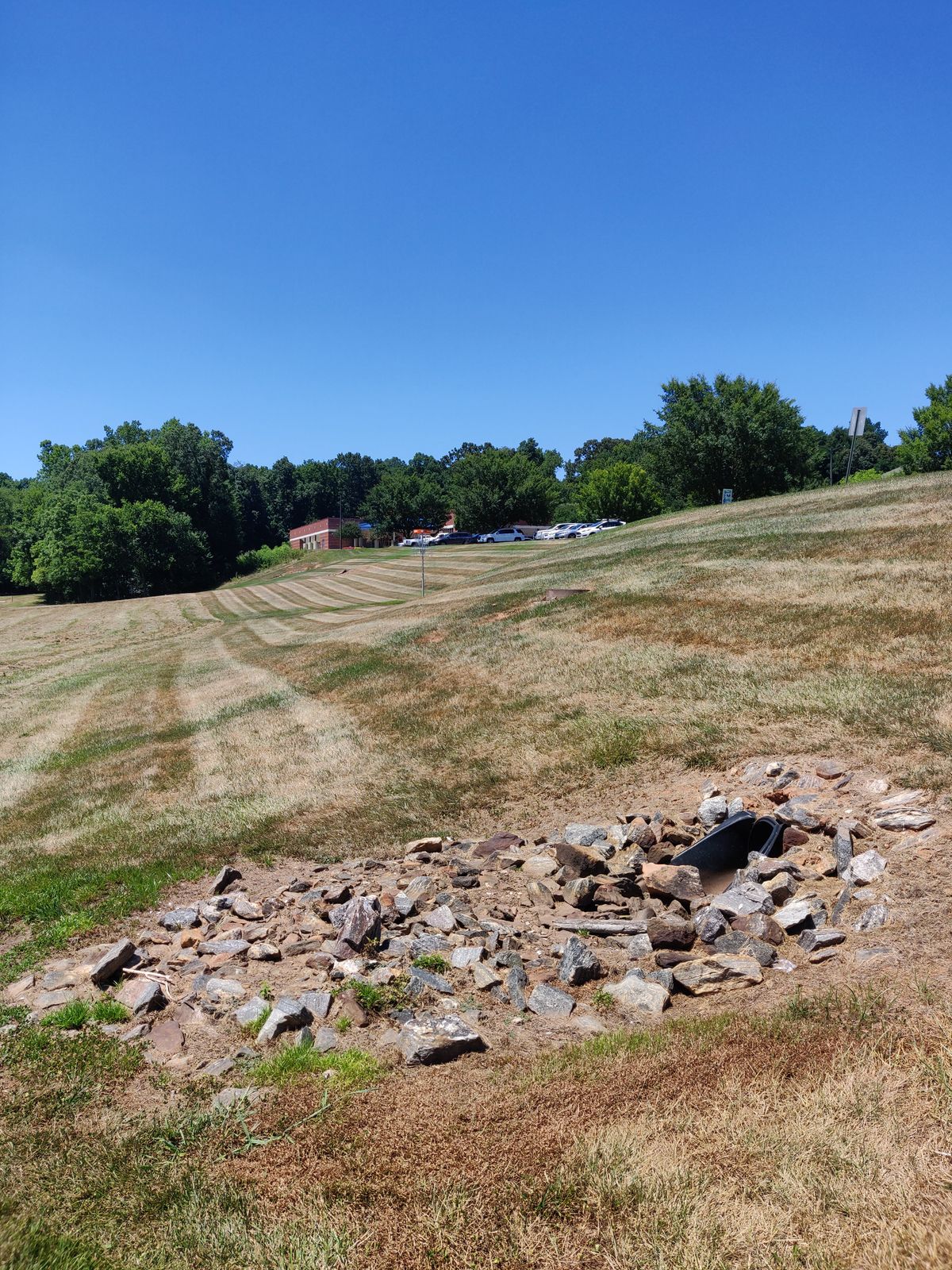 Hole 18. Looking at the basket from the bend of the fairway.