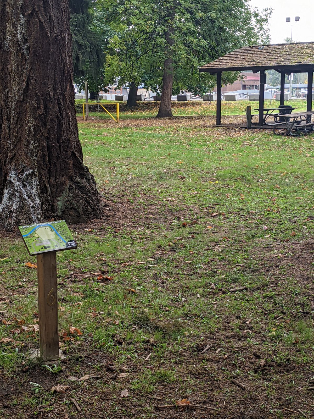 Course Captain Note: teebox to be moved.  Too close to previous basket and forces throw over multi- use area.

OB: fully on any concrete.