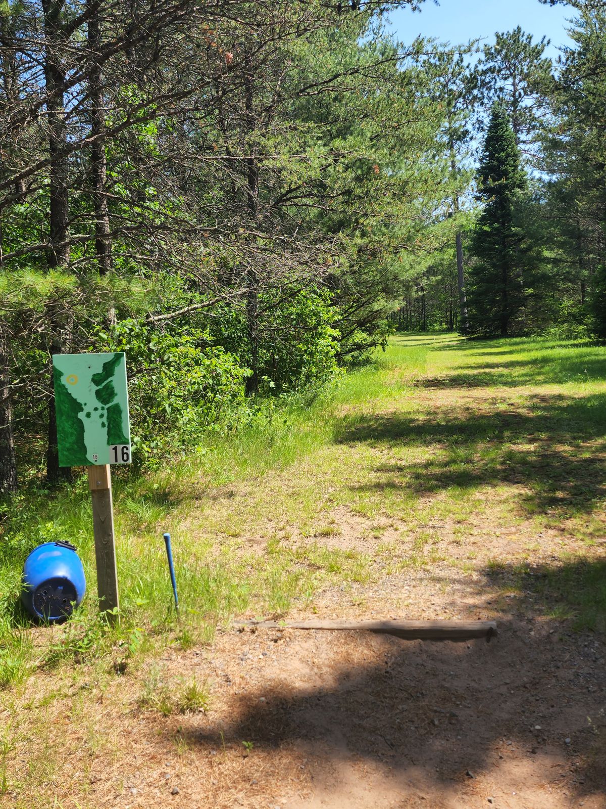 Hole 16 Overview. Difficult par 5 dogleg left. Good shot is past barley past pine with small skip left to set up next 400 foot shot.