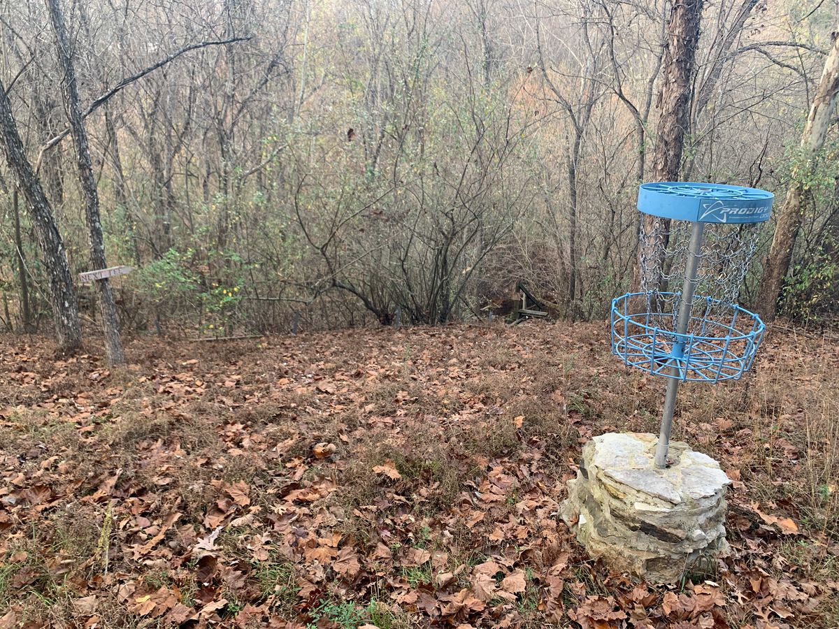 Basket for Hole 1. Next tee sign and stairs down to the creek in the background.