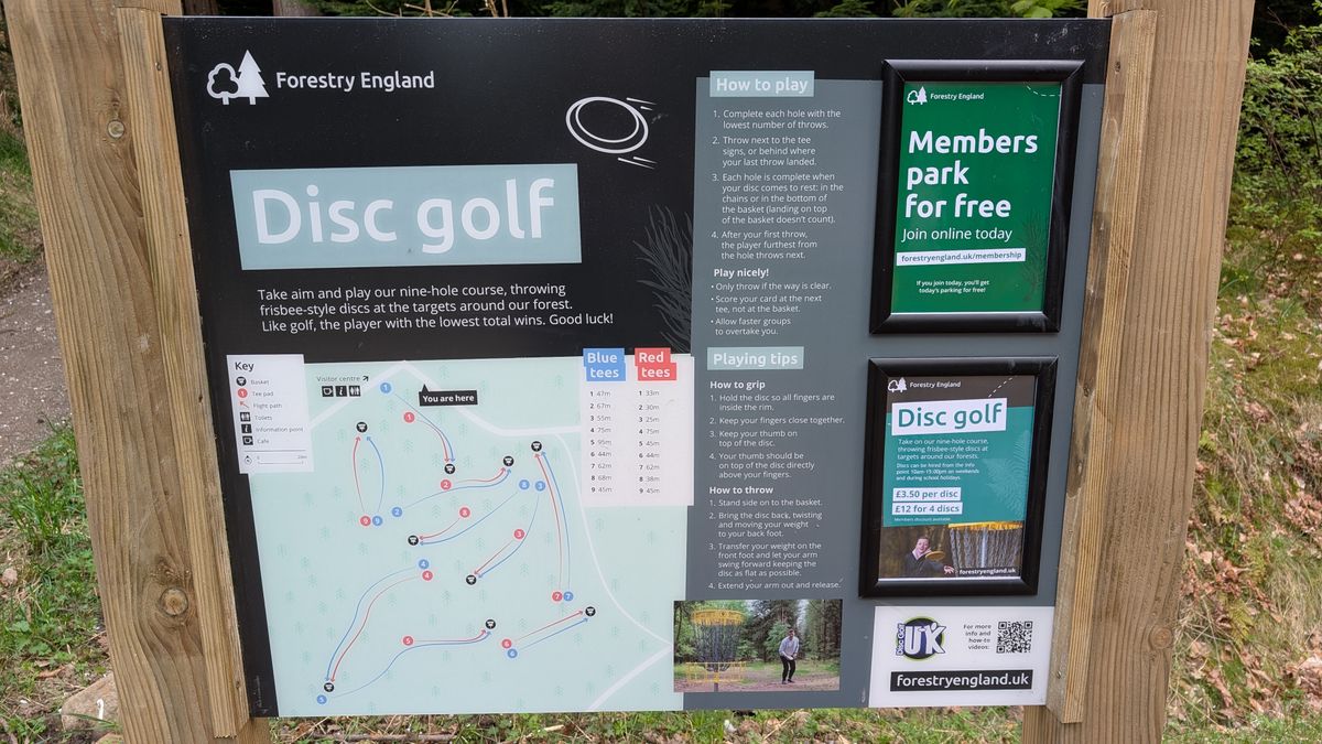 Course map at the entrance to tee 1 up the hill on the yellow pathway