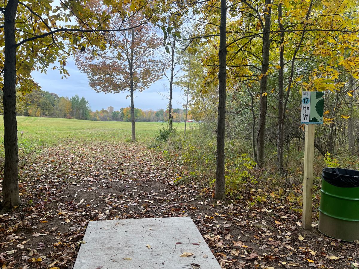 17, horseshoe shaped par 4 out into the open and back into the woods. Tight approach