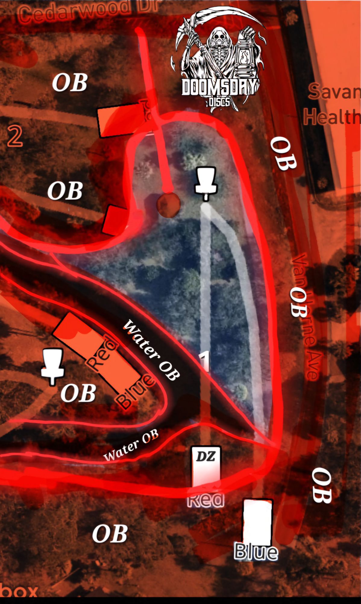 Hole 1: The walking path and beyond is OB, Water is OB, gazebo is OB. If you go OB on your drive proceed to DZ. (Red Tee DZ)