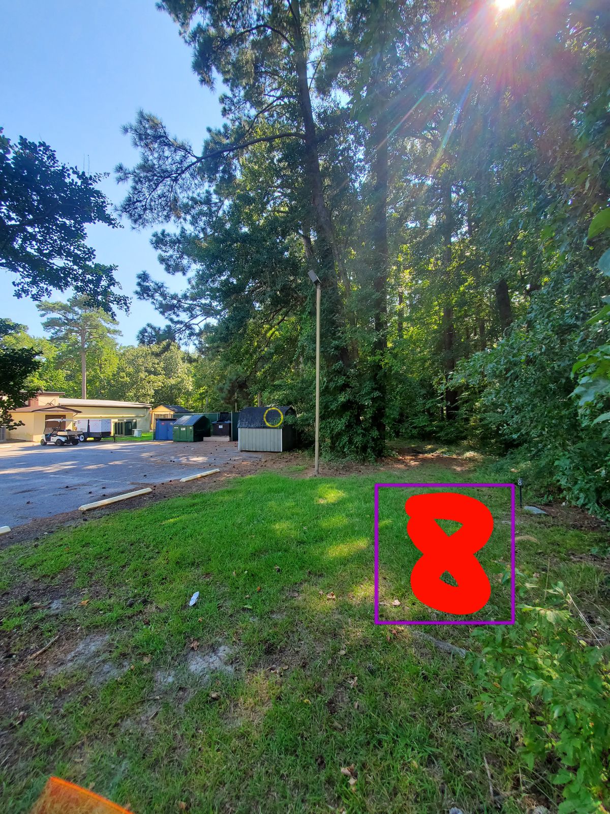 Hole 8
Shoot from marker
Basket is right turn over dumpsters under a tree.