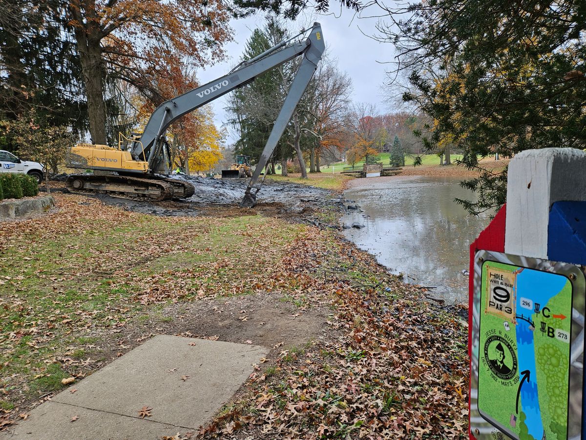 Dredging of ponds in preparation for fountains installation.