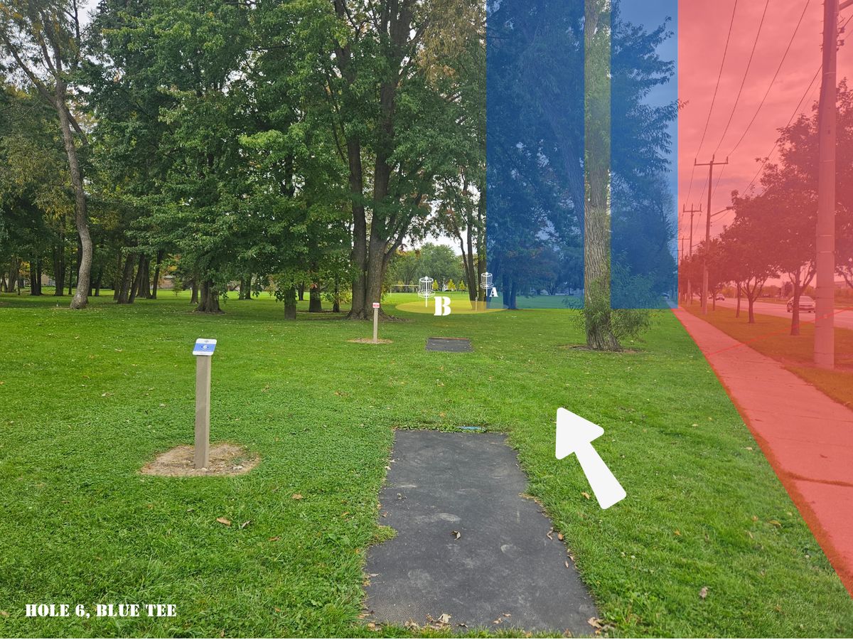 Hole 6 Blue Tee, sign indicates Mando tree with drop zone. If tee shot misses "island" take hazard stroke and continue play from current location. Only take one hazard stroke per hole.