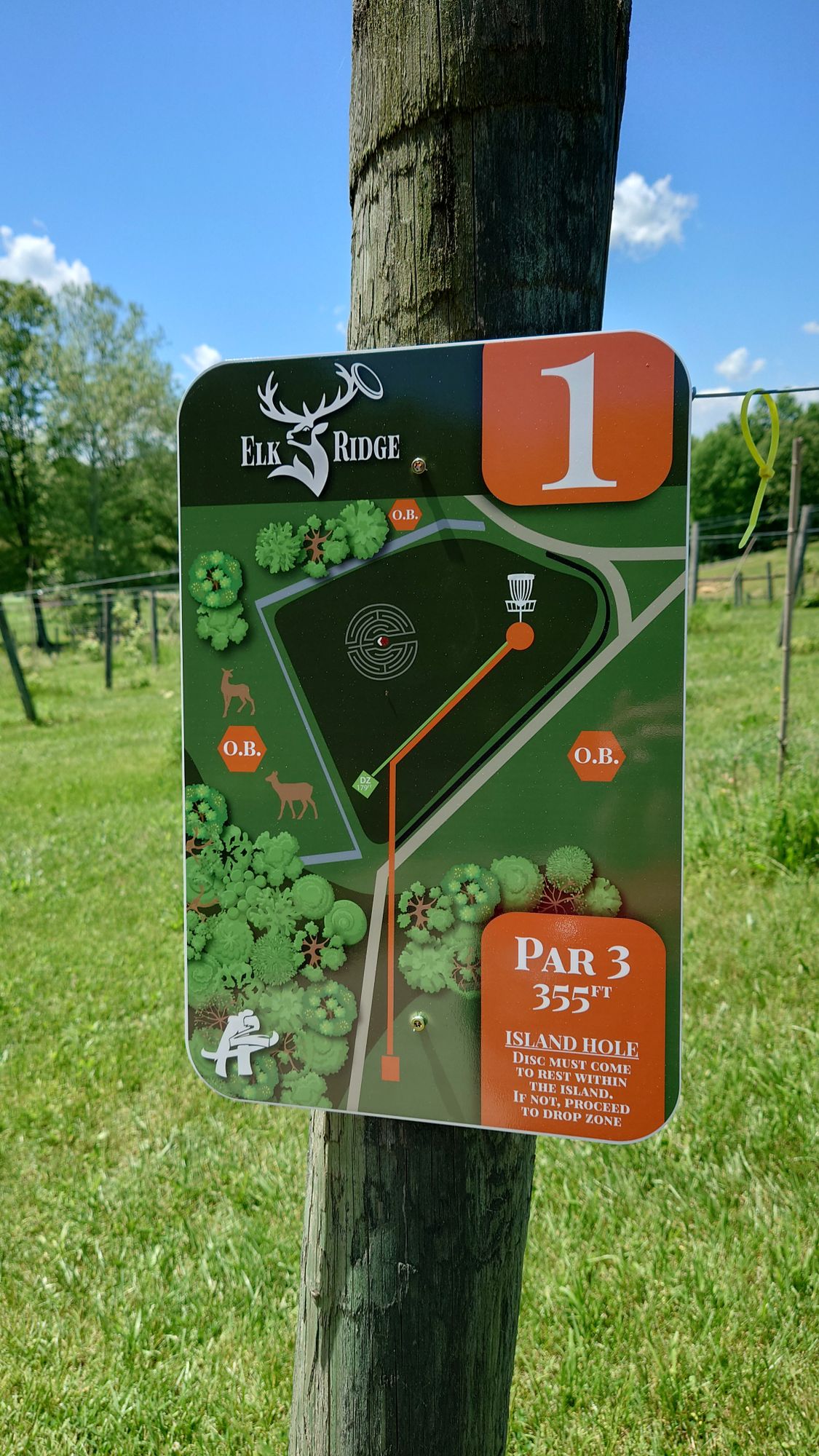 Hole 1 tee sign.