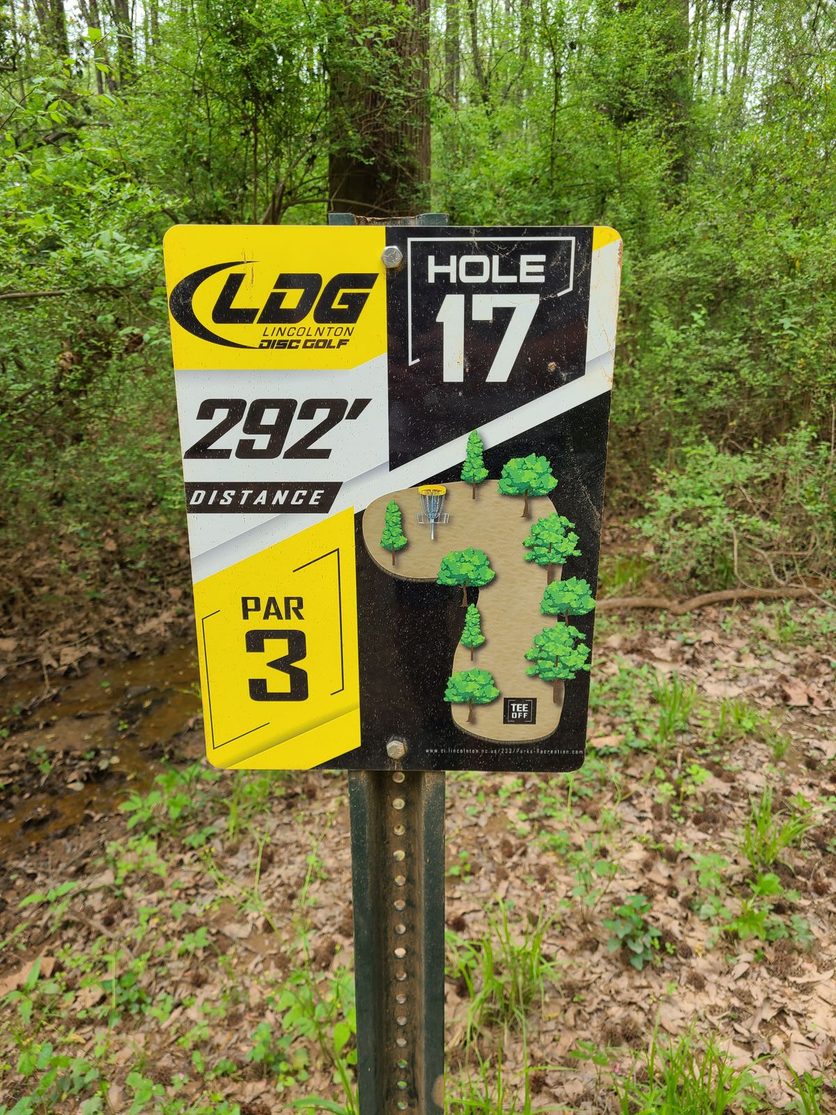 Hole 17 tee sign. Plays more like a par 4.