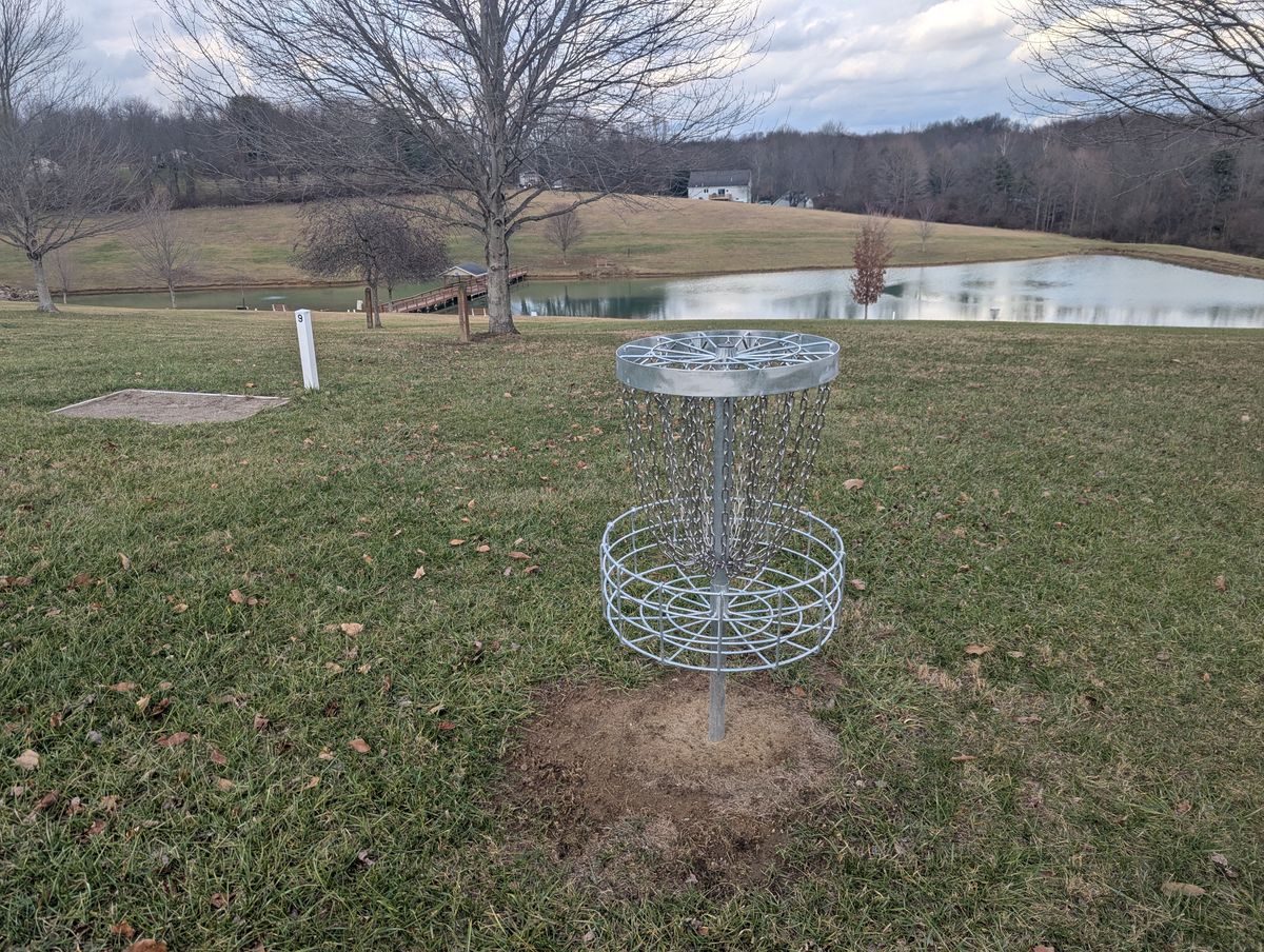 Basket 3, tee pad 9 on left with basket 6 back right close to pond.