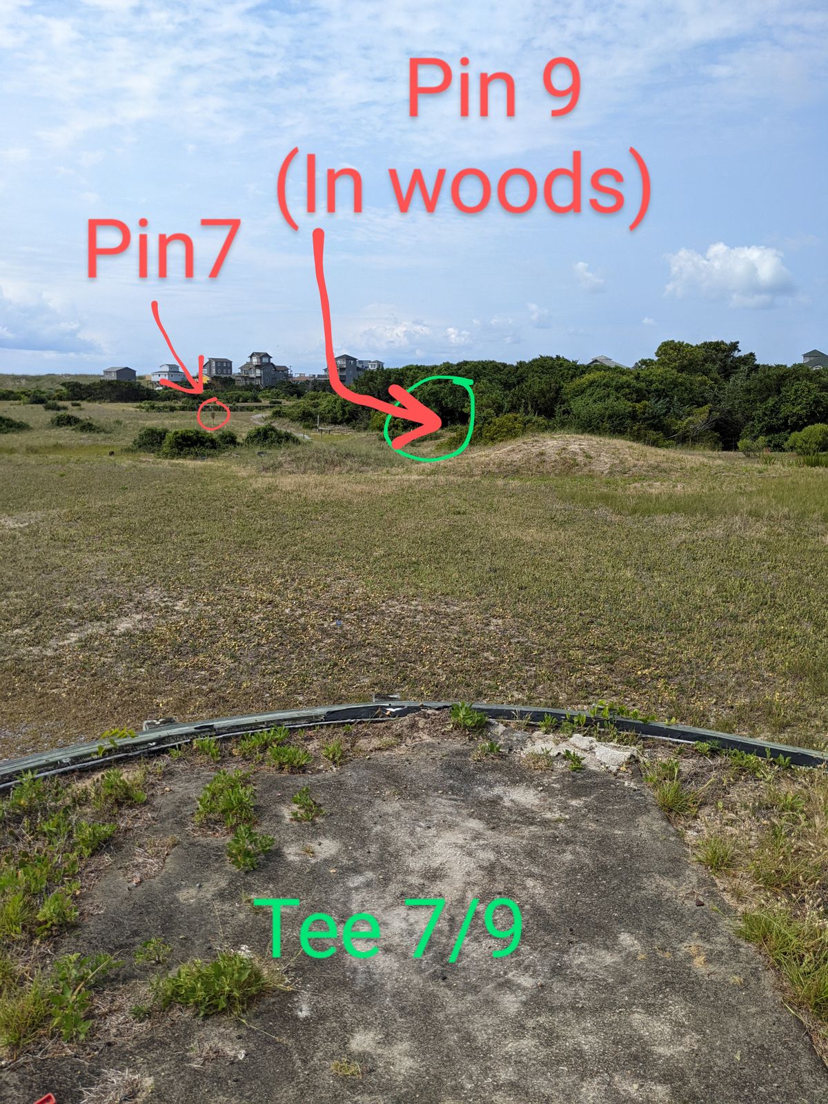 You can't see the pin from the Tee pad but it's not very far in