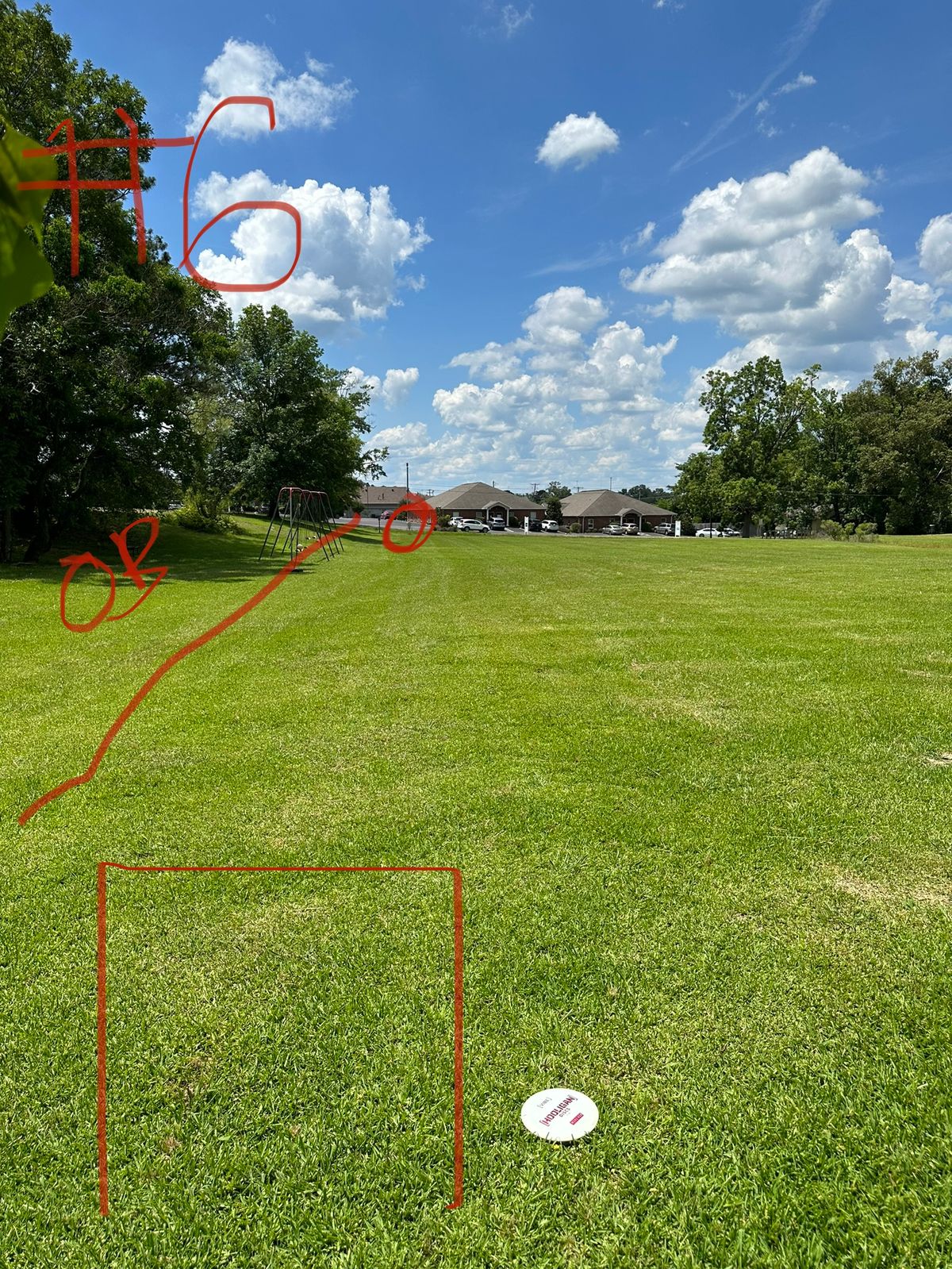 Advanced- Left of swings OB. Ditch behind basket OB.