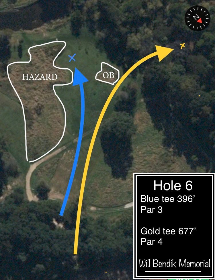 Hole 6 has 2 tees and 2 baskets. Send spotters.