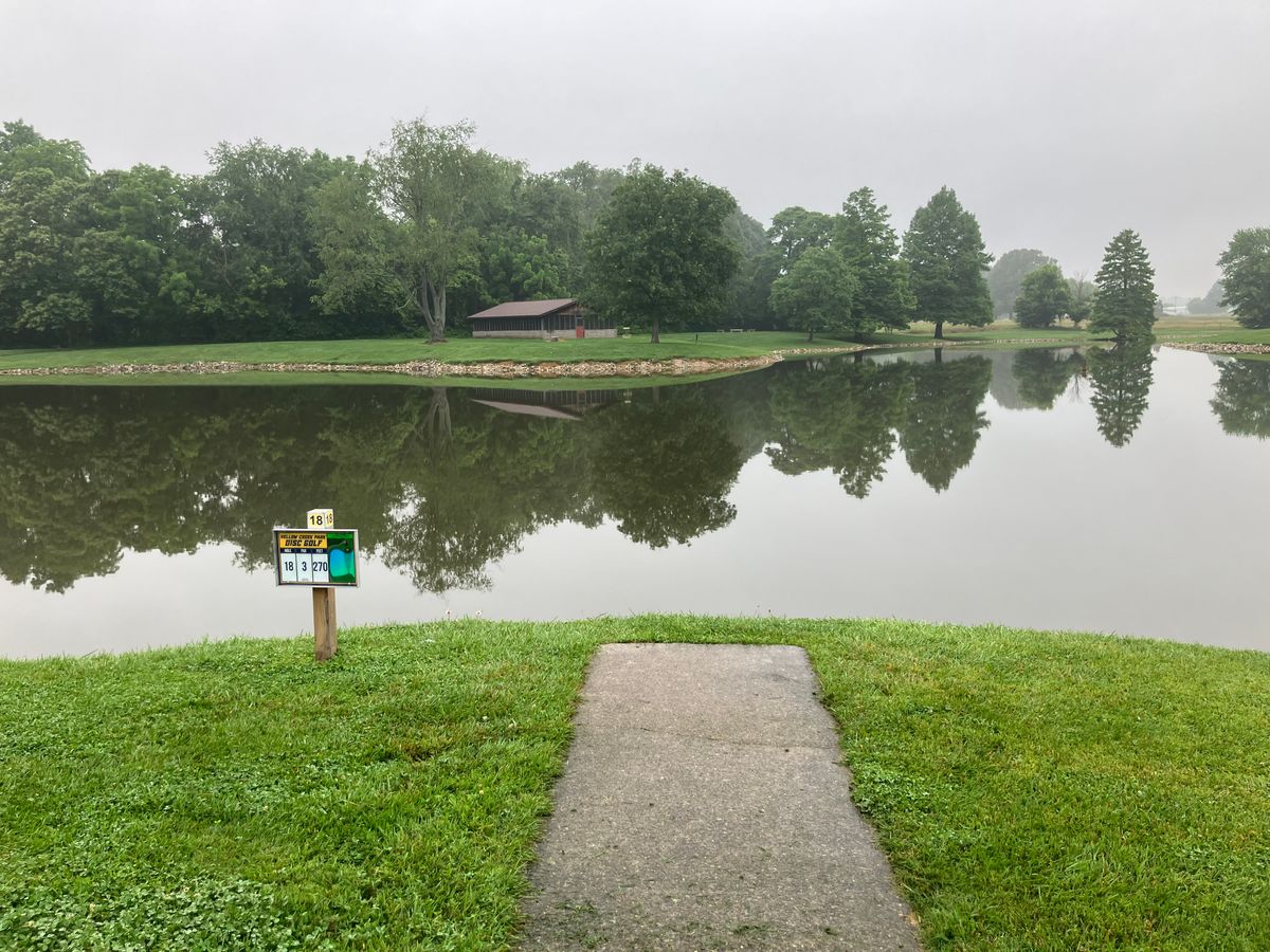 Hole 18 275ft water Carry. Lake is OB. Basket to the left of the center most tree. There is a slope