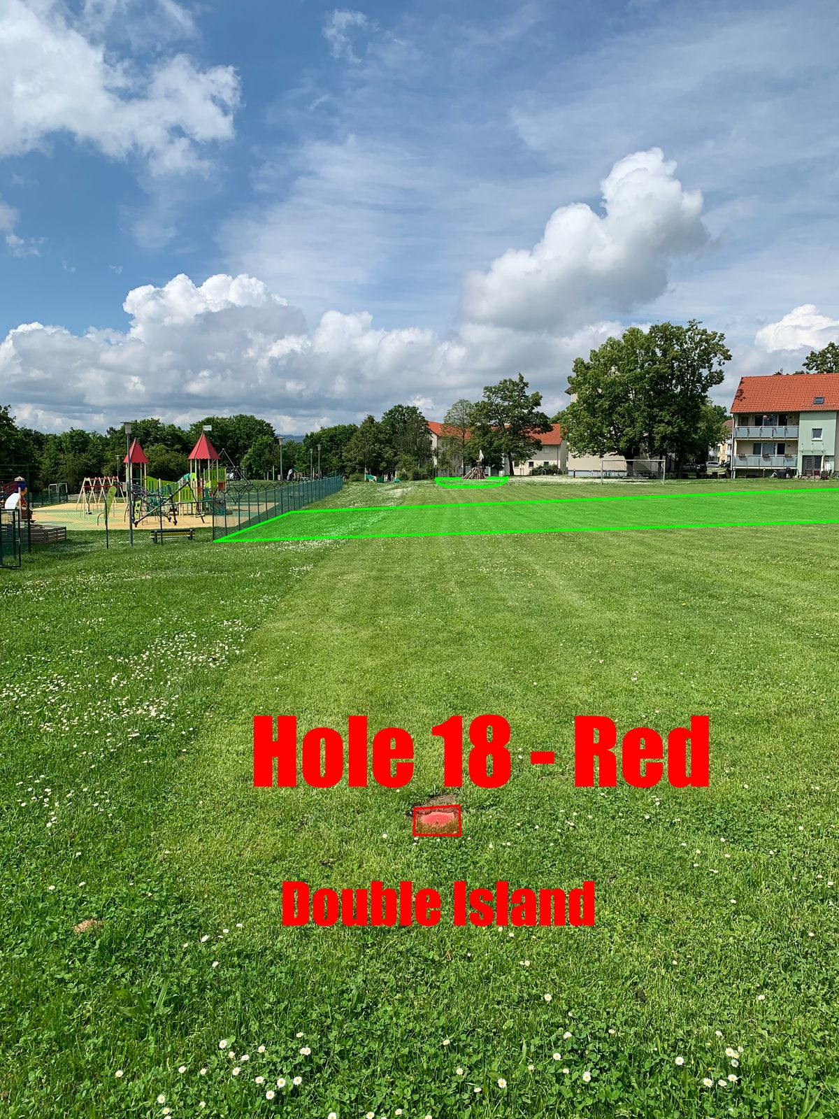 1st island - light pole to light pole gutter to gutter rectangle. 
2nd island - Circle 1