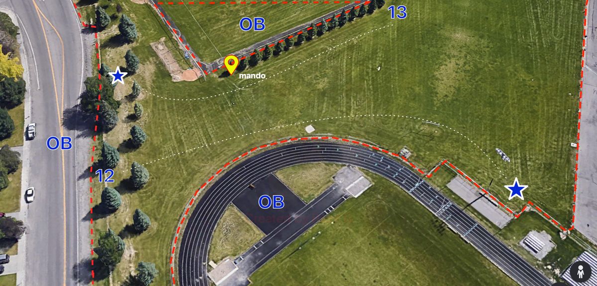 12 and 13. Track and inside football field is ob, inside baseball field is also ob.