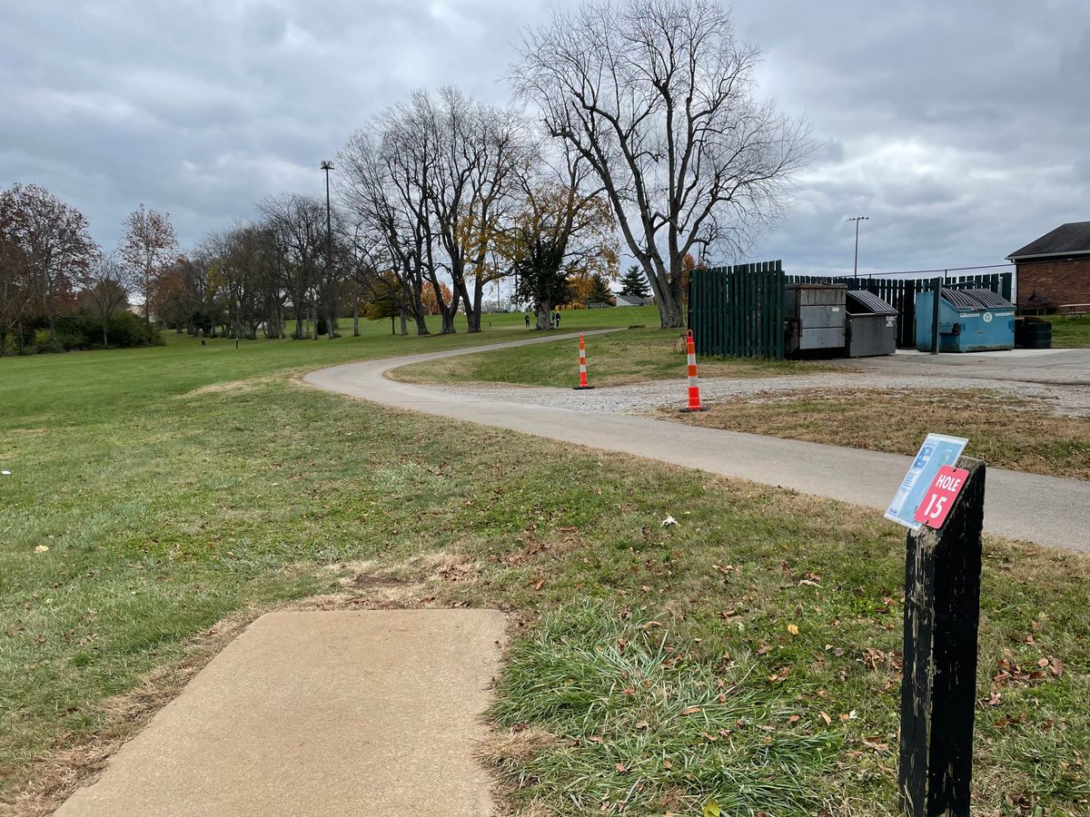 Hole 15 teepad thru tree line to basket