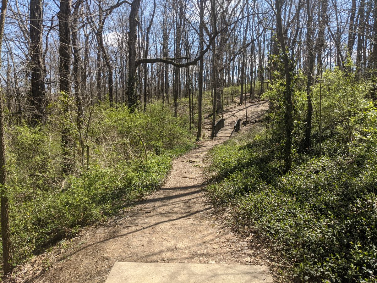 A good look at the tee shot from hole number three.  The bridge crosses the tributary that is steep and rocky.  It plays as casual hazard but not a place you want to be.