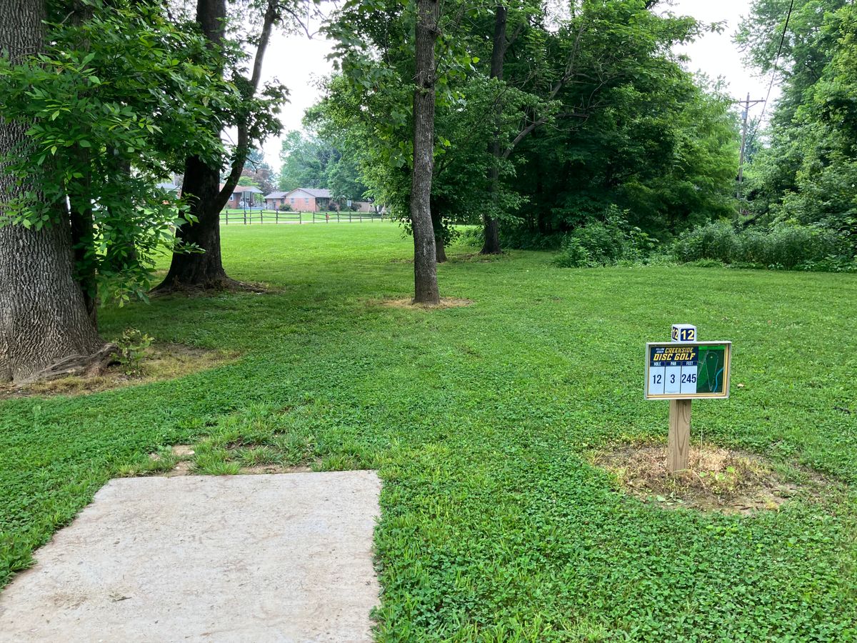 Hole 12 250’ tucked to the right under tree line. Over the fence and creek is OB.