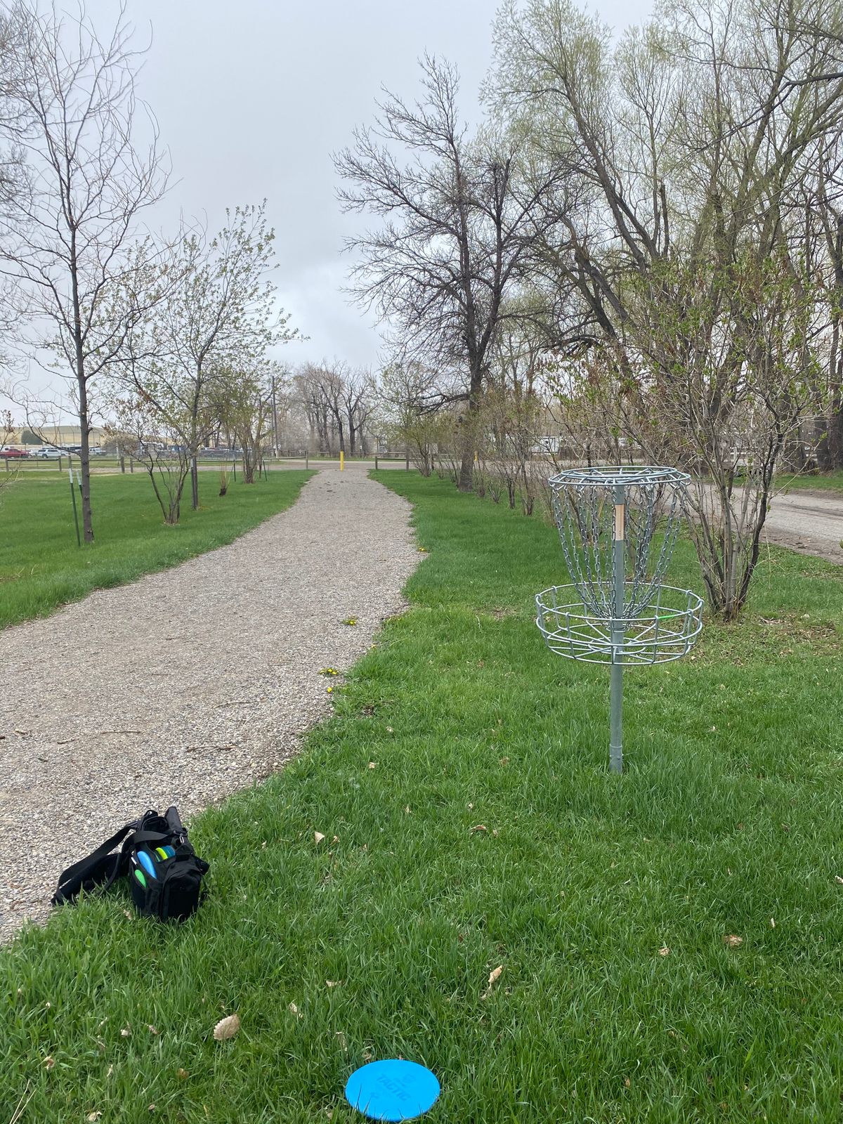 Lots of walking paths and roads near fairways and baskets