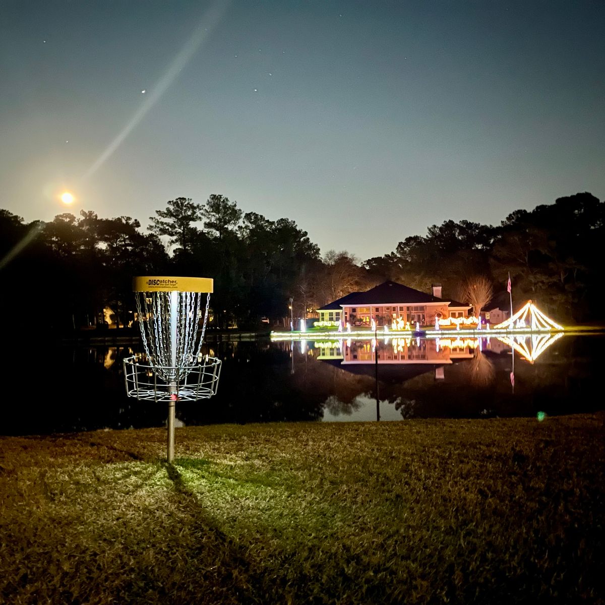 Full moon, Mars, Christmas lights reflecting on the lake, and glow golf!