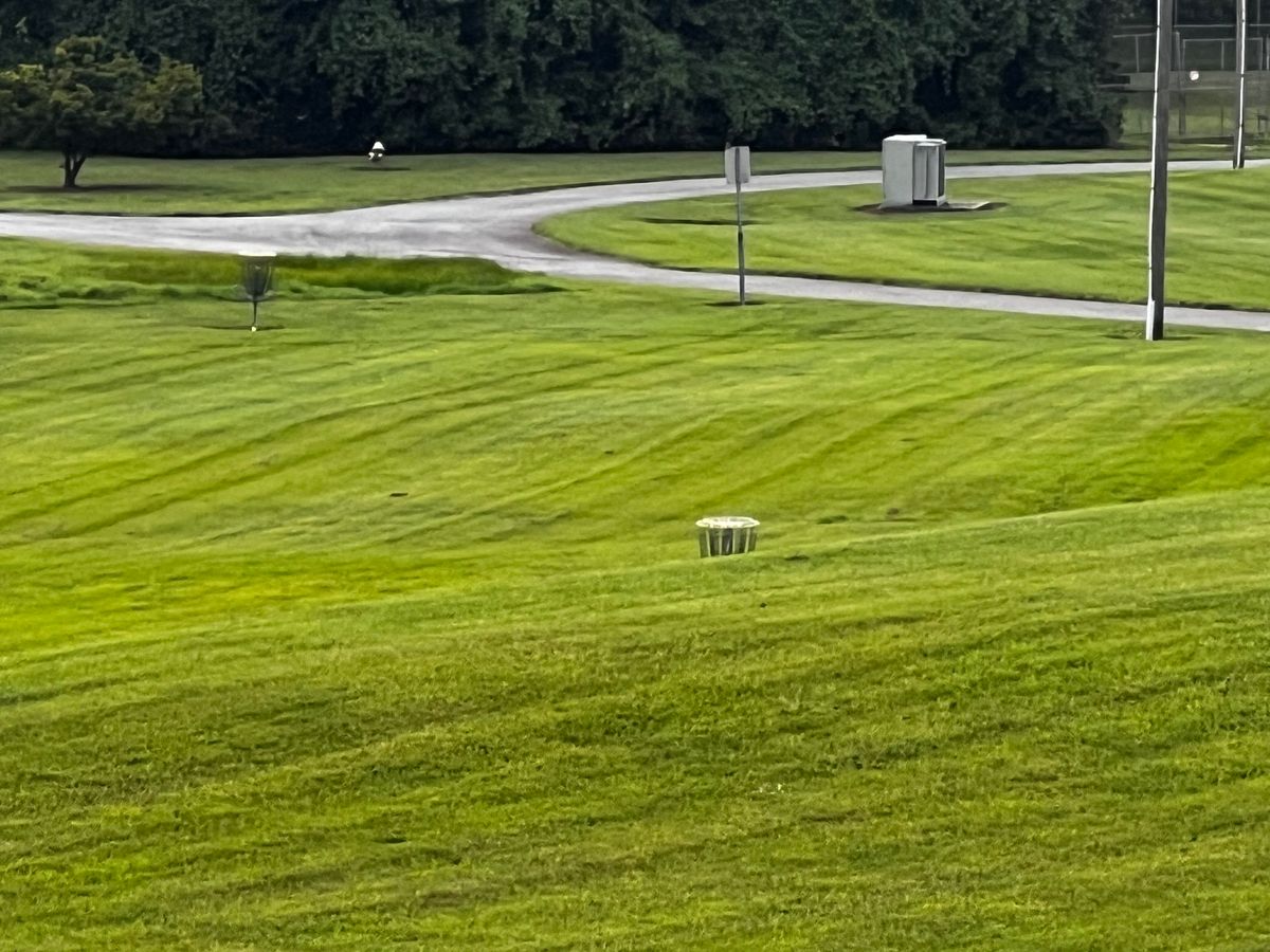 Hole 3 zoomed in to show the basket over a second drop/hill.