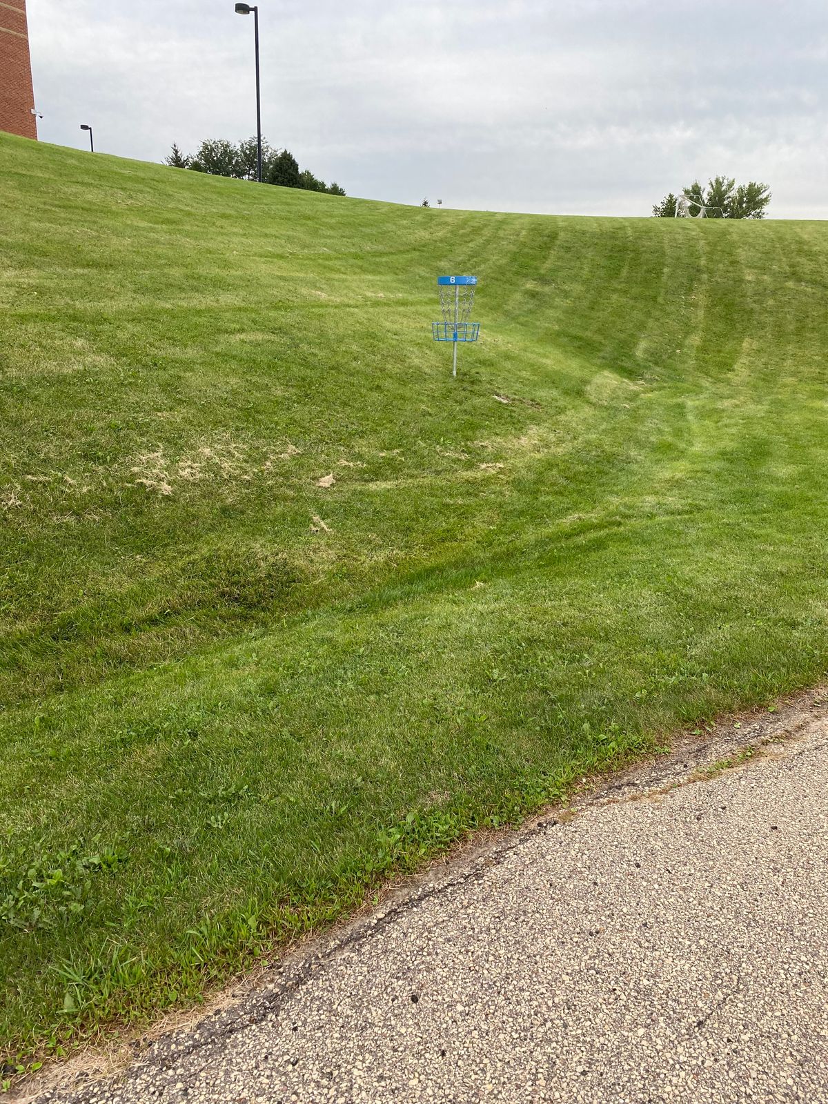 Hole 6 basket on side of hill between schools. Tee pad on corner as you’re coming down from hole 5.