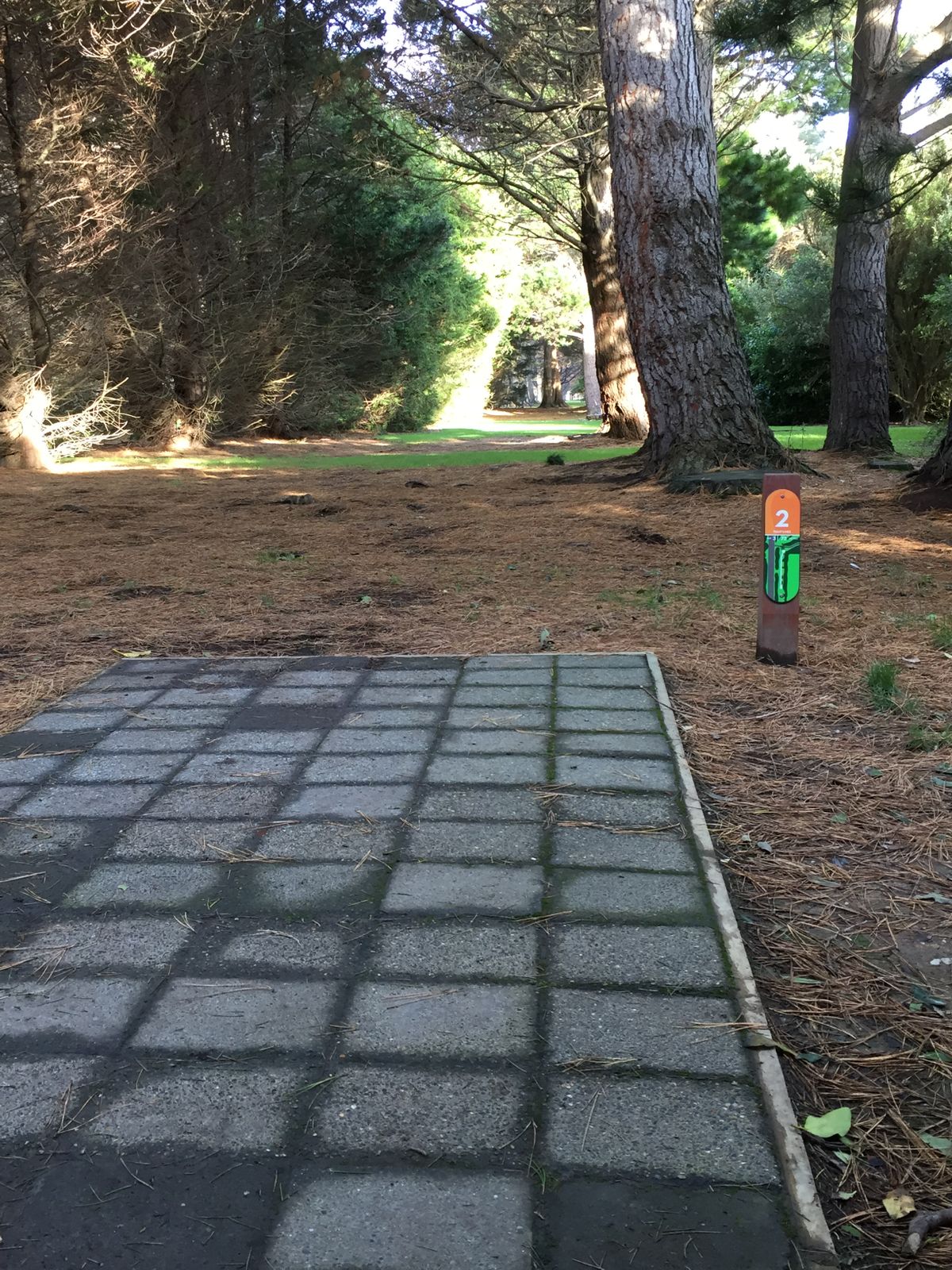 Hole 2 long tunnel shot basket on trees on right