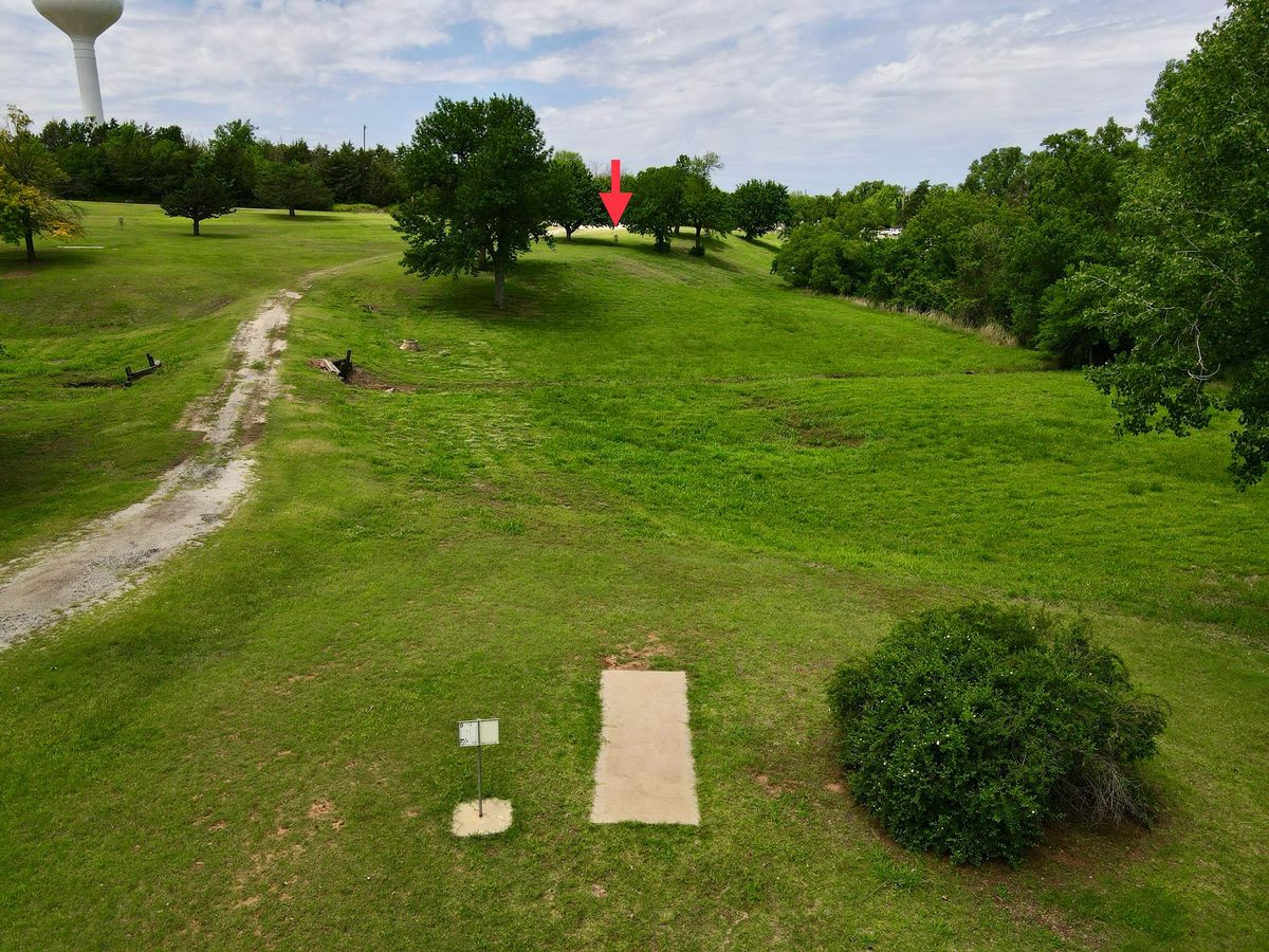 Aerial of hole 9 ending by the parking area.