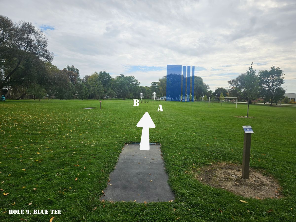 Hole 9 Blue Tee, Mando tree up by by 8 tee pads, drop zone in middle of fairway