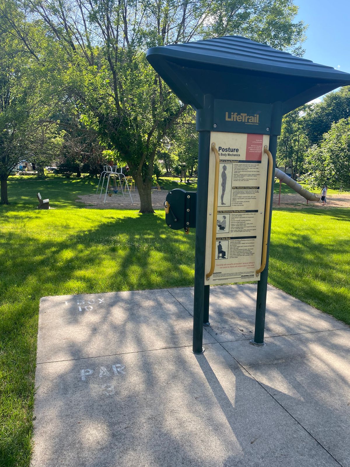 Hole 10’s basket is no longer there. 
All the pads are by park exercise equipment !caution!