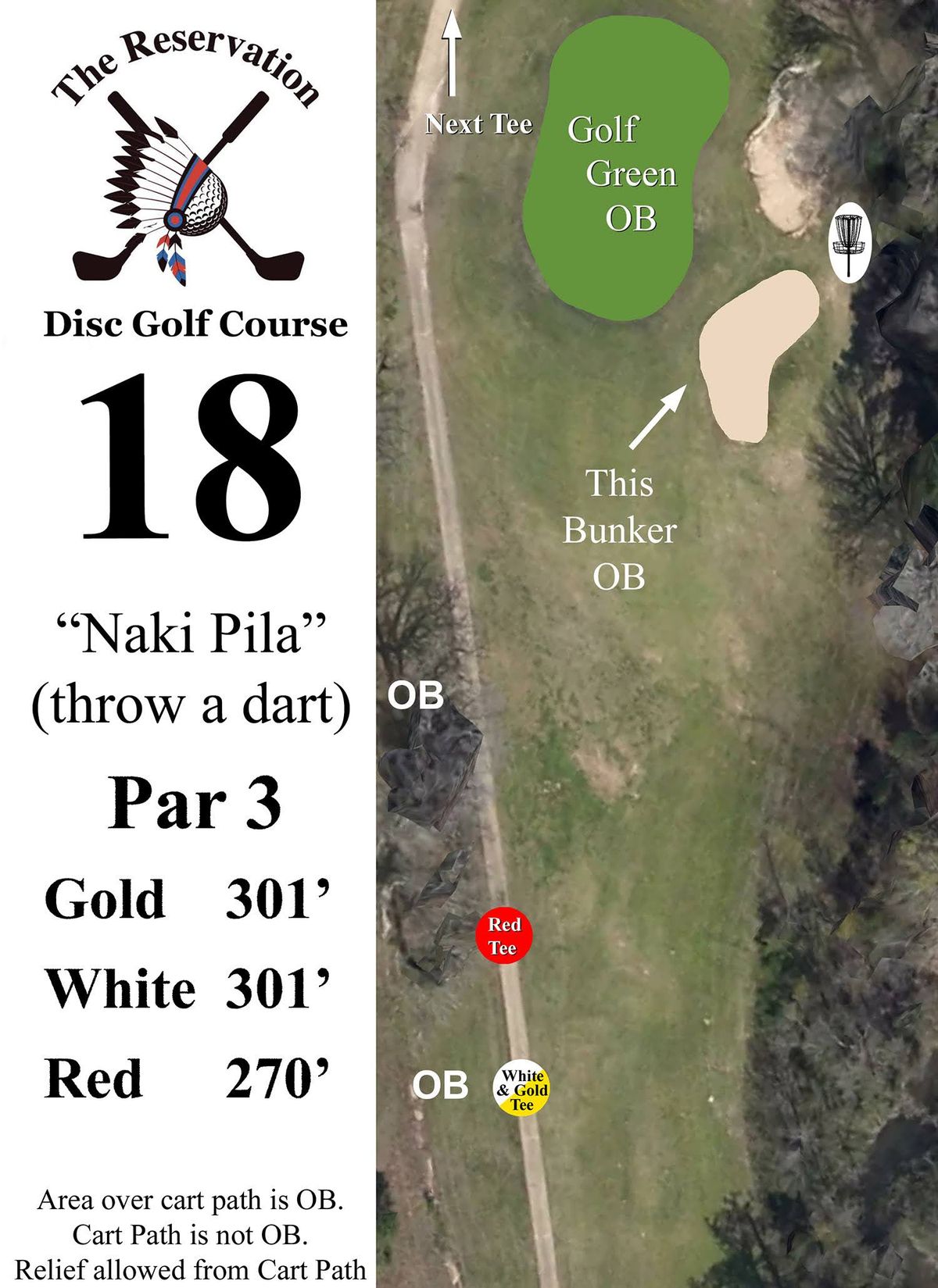 An uphill Par 3 to a basket guarded on the front and left by a golf green and sand trap.