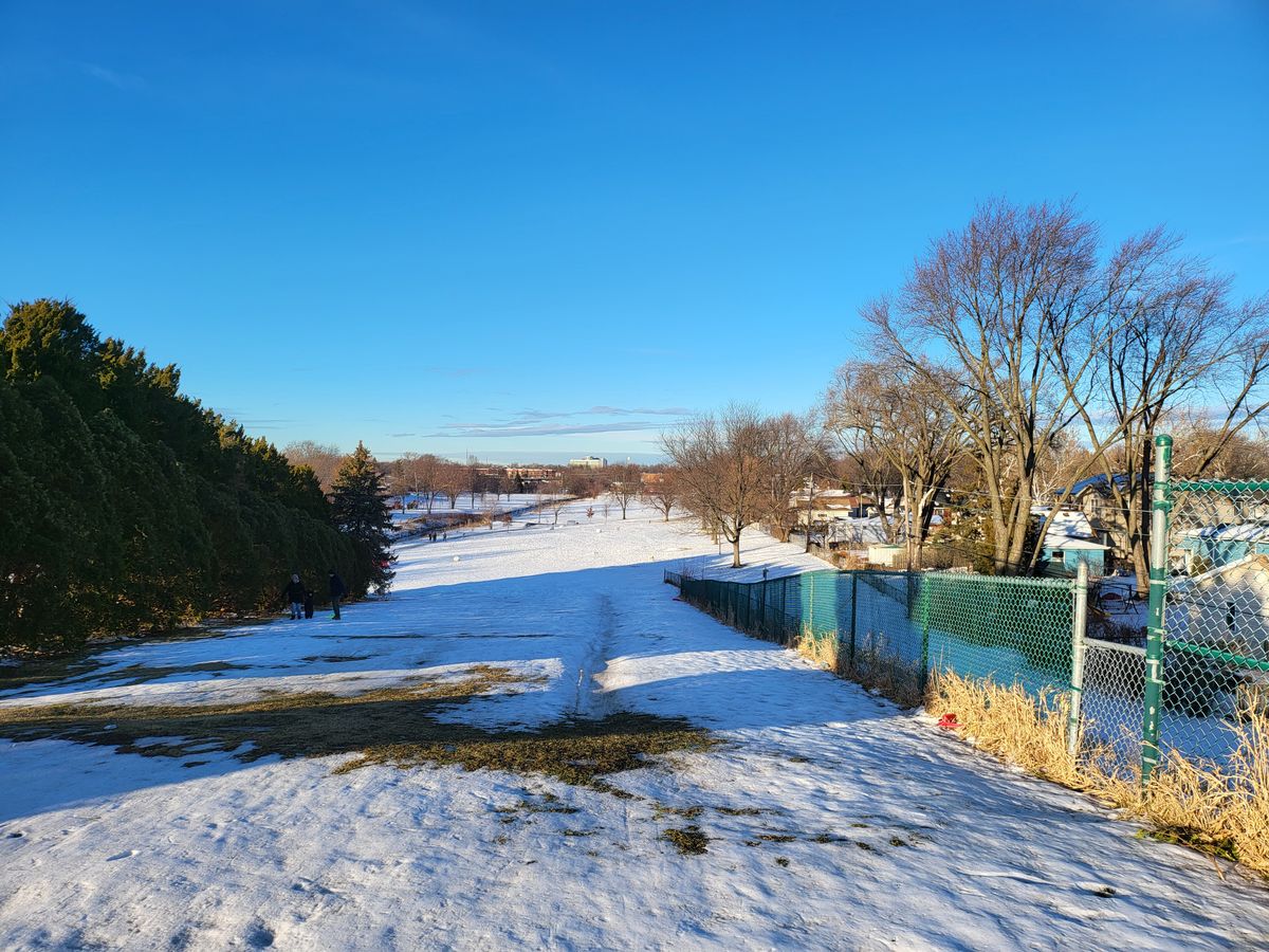 Pro Tee from the top of the hill, hole 4, use the stairs to avoid ice!