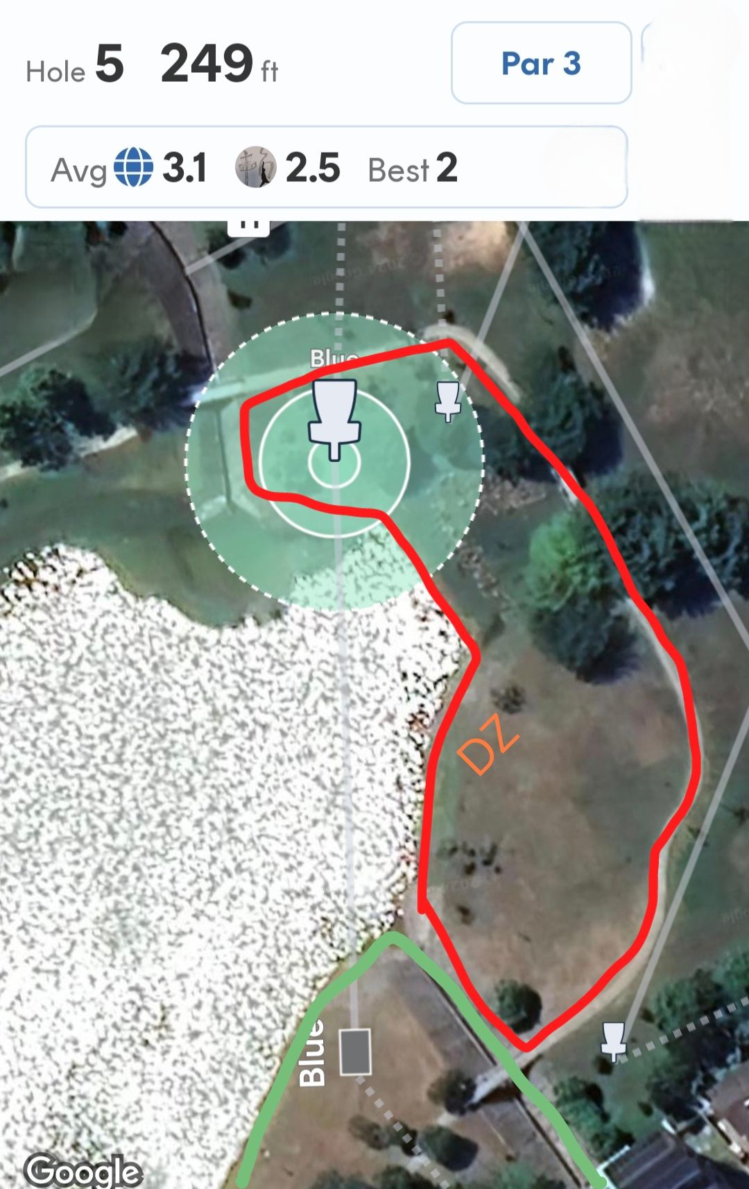 Water. Path and Concrete OB.
OB short to water before green proceed to drop zone (DZ).
OB long at path and left drainage playing from lie where it went OB. 
