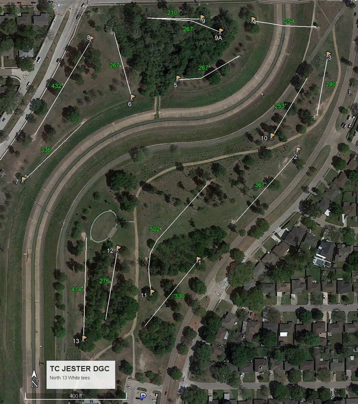 Map for holes 1 through 13 on the North side of the parking lot