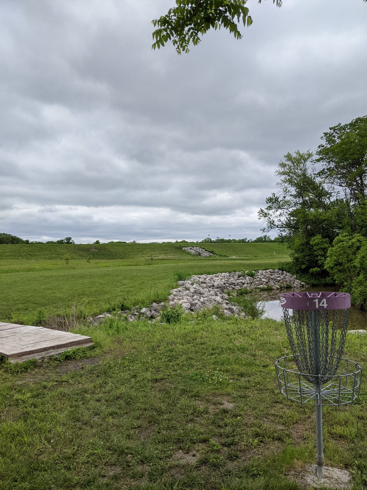 Hole 14 basket to fairway view